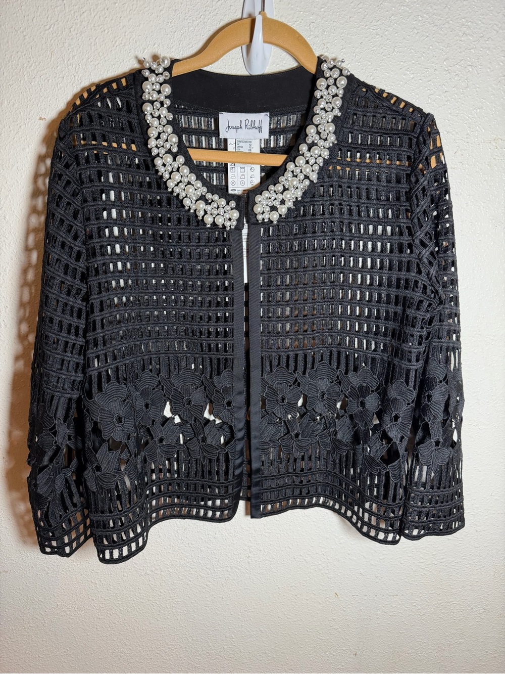 Joseph Ribkoff Black Jeweled Pearl-Embellished Openwork Top